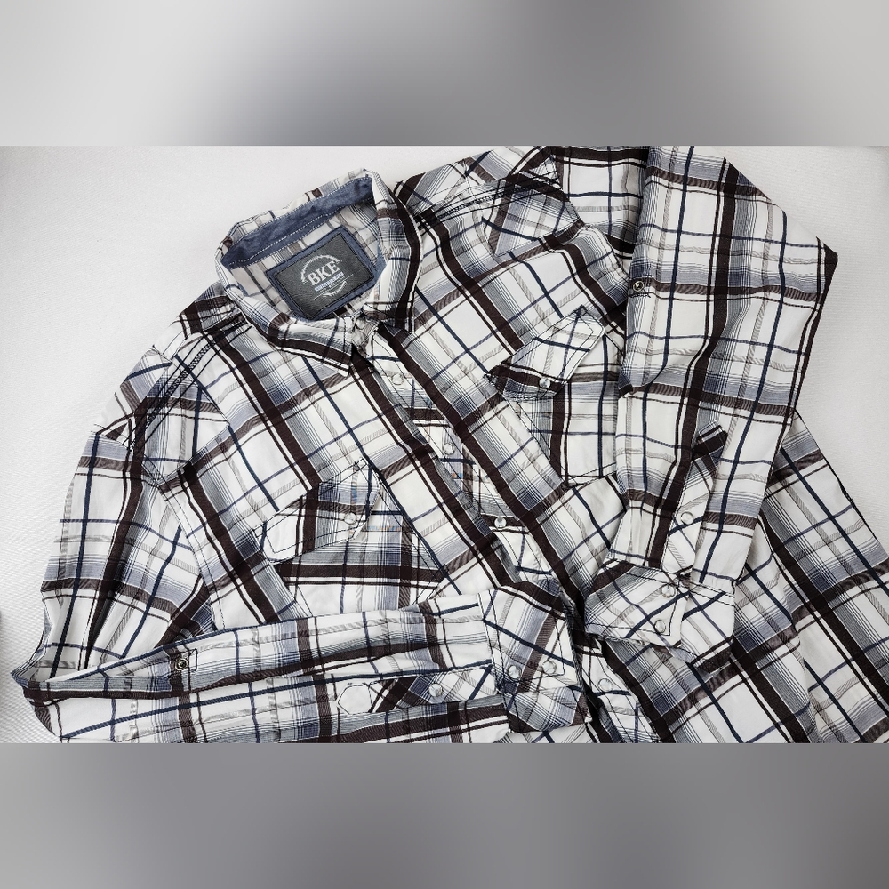 BKE Athletic Fit Pearl Snap Western Roll Sleeve Brown Blue Plaid Shirt Mens XXL